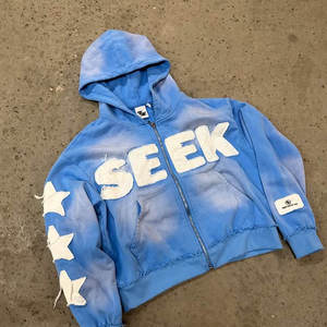 Sweat à capuche en molleton français pour homme, coupe ample, délavé à l'acide, avec broderie et patchs appliqués, style streetwear personnalisé - Product Image 1
