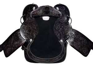 Selle de cheval en cuir noir imprimé faite à la main, style western, avec gravures florales et conchos argentés, confortable, séchage rapide, unisexe, pour l'équitation sur sentier et en concours - Product Image 2