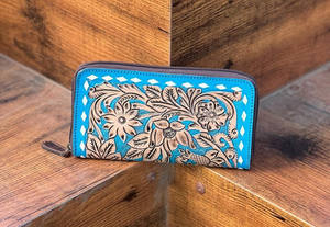 New Real Hand <b>Tooled</b> Floral Turquoise Print Leather <b>Tote</b> <b>Bag</b> New Western Stylish <b>Tooled</b> Leather Hot Turquoise Clutch Combo Set - Product Image 3