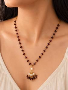 Collier personnalisé plaqué rhodium avec perles de grenat rouge et perles de culture d'eau douce, chaîne en câble à pampilles en cascade, pour femme, de luxe, pour mariée - Product Image 1