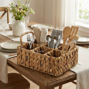 Handmade Water Hyacinth Utensil <b>Caddy</b>, Woven Kitchen Organizer with 4 Compartments for Dining <b>Table</b>, Picnic & Party - Product Image 4