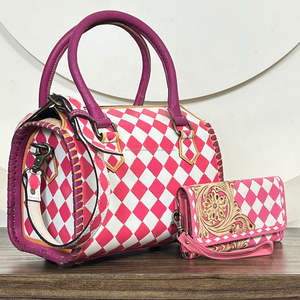 Conjunto de dos piezas a juego: bolso Speedy a cuadros rosa y blanco y cartera, bolso de mano a la moda para mujer, elegante bolso bandolera. - Product Image 4