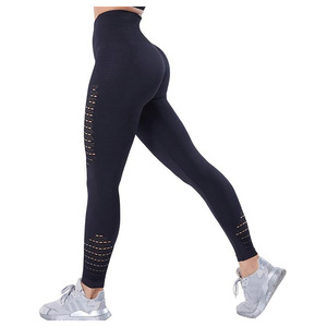Leggings de yoga taille haute sans couture, longueur intégrale, noir uni, ajourés, respirants, en Spandex et Polyester, pour femme, tenue d'entraînement - Product Image 4