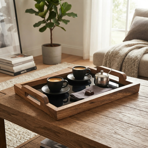 Plateau de service en bois de luxe avec base en marbre noir, plateau décoratif artisanal pour le petit-déjeuner avec poignées pour la maison, l'hôtel et le restaurant - Product Image 2