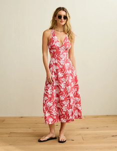 Vestido Midi de Verano Casual para Mujer, Diseño Floral Rojo Pintado a Mano, Sin Tirantes, Corte Sirena, 100% Algodón Antiarrugas, Venta al Por Mayor - Product Image 1