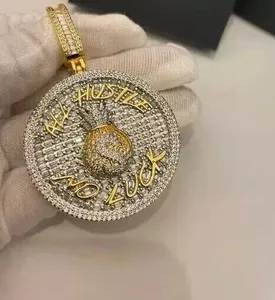 Pendentif Hip Hop Vintage en Moissanite, Médaillon « All Hustle No Luck », en Argent Sterling 925 Plaqué Or, Micro-Pavé, Bijou Unisexe - Product Image 1
