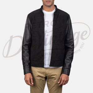 Blouson aviateur en cuir véritable noir pour homme avec poignets côtelés rayés et fermeture éclair - Product Image 6