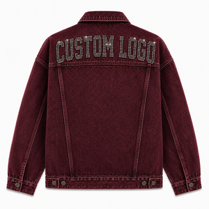 Veste en jean bordeaux pour homme avec logo personnalisé en strass, col rabattu, style décontracté automne, coupe classique, imperméable et coupe-vent. - Product Image 4