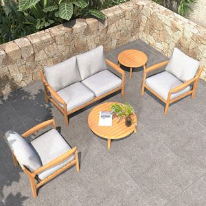Juego de Muebles de Madera de Acacia de 5 Piezas para Exteriores, Resistente a la Intemperie, en Color Gris y Natural, Sofá Seccional y Mesa de Centro para Jardín - Product Image 1