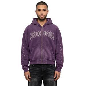 Sudadera con capucha y cremallera completa personalizada con letras universitarias, de algodón polar, rosa con lavado ácido, con estampado en el pecho, estilo universitario retro, para streetwear - Product Image 6
