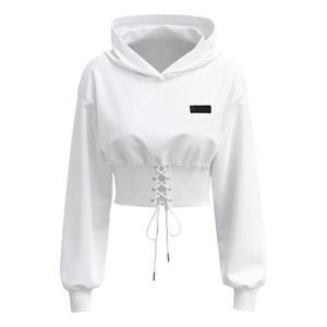 OEM Women <b>White</b> <b>Lace</b> Up Cropped Hoodie Drawstring Hooded Sweatshirt Corset Waist Long Sleeve Y2K Style Streetwear Pullover - Product Image 1