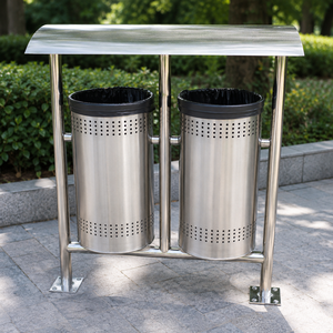 Contenedor de Basura Doble de Acero Inoxidable para Exteriores, Cubo de Basura para Parques Públicos con Soporte, Bote de Basura de Metal Perforado - Product Image 3