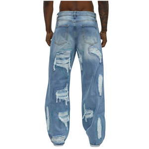 <b>Mens</b> Light Blue Distressed Denim <b>Jeans</b> Regular Fit <b>Ripped</b> Solid Destroy Wash Streetwear Casual Winter Breathable Quick Dry Pants - Product Image 2