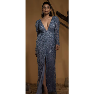 Blue <b>Sequin</b> Evening Gown Deep V Neck Full Sleeve Party Dress Luxury Designer Maxi Gown Wedding Reception Cocktail Wear Dress - Product Image 1