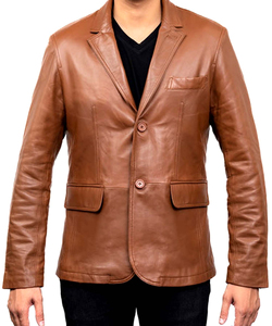 Men Brown Leather <b>Blazer</b> Collar Regular Fit Full Length Sleeve British Style Jacket - Product Image 1