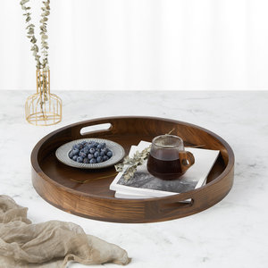 Hot Selling Dark Brown Wooden Round Serving Tray <b>Large</b> Solid Wood Coffee Table Decorative Wooden Tray - Product Image 3