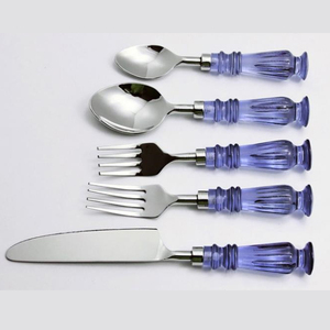 Modern Stainless Steel Flatware Set 5 Piece Cutlery With Blue <b>Acrylic</b> Textured Handles High <b>Mirror</b> Polish Dishwasher Safe - Product Image 2