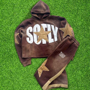 Ensemble de survêtement deux pièces délavé et vieilli avec logo personnalisé pour homme et femme, pantalon et sweat à capuche effet usé pour l'hiver - Product Image 1