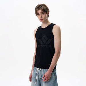 Men's <b>Black</b> Sleeveless <b>Tank</b> <b>Top</b> O-Neck 100% Cotton Knitted Breathable Casual Regular Fit Front Graphic Print Muscle Vest - Product Image 2