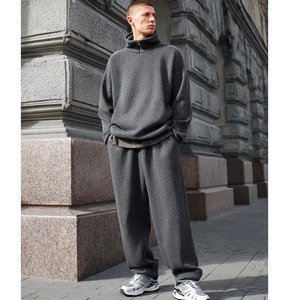 Conjunto de suéter gris acanalado de media cremallera y pantalones de chándal largos de ajuste holgado para hombre, ropa casual de otoño, 100% algodón, transpirable, diseño liso. - Product Image 6