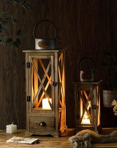 Rustic Wooden Candle <b>Lantern</b> <b>Set</b> Decorative Farmhouse <b>Lantern</b> with Glass Panels and Storage Drawer - Product Image 6