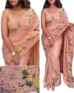 Simple pero elegante Tusser tela de seda de algodón corte elegante borde Floral impreso 5,5 MTR longitud larga Sari de moda con pieza de blusa - Product Image 1