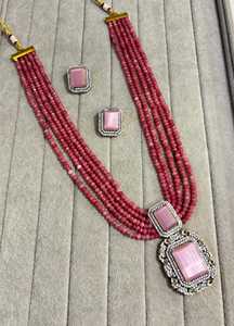 <b>Ruby</b> Red Long Layered Beaded <b>Necklace</b> Victorian Style CZ Pendant Set Indian Bridal Rani Haar Statement Festive Jewelry Set - Product Image 4