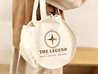Sac fourre-tout en toile beige rond personnalisable avec logo imprimé et fermeture éclair pour la plage, le shopping et les activités de plein air