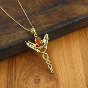 Collar con Colgante de Serpiente Alada Caduceo en Tono Dorado, de Latón con Piedra Cornalina Amatista Marquise, Joyería Espiritual de Moda con Ala de Ángel - Product Image 3