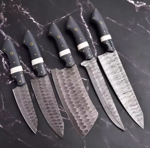 Juego de Cuchillos de Cocina de Acero de Damasco Hechos a Mano de Primera Calidad, 5 Piezas, Mango de Madera, Cuchillos de Chef Ambidiestros, Afilados como una Navaja, Juego Sostenible - Product Image 2