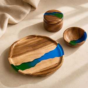 2026 Luxury Aurora River <b>Epoxy</b> Resin & Solid Acacia Wood Serving Tray with Premium Gold Metal Handles for Modern Home Décor - Product Image 3
