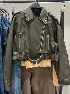 Chaqueta corta de cuero sintético PU para mujer, estilo vintage retro, holgada, con cremallera, para motociclista, ropa de calle, con cinturón, para invierno - Product Image 5