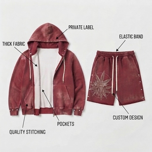 Conjunto de Sudadera con Capucha y Pantalones Cortos Acampanados Unisex de Algodón 100% Transpirable, Estilo Streetwear Personalizado, Efecto Desgastado por el Sol, Lavado Ácido, Liso - Product Image 4