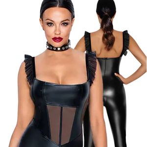Mono de Mujer Negro con Recubrimiento de PU, Cuello Cuadrado, Manga con Volantes, Cintura Alta, Ajustado, Sexy, para Club - Product Image 4