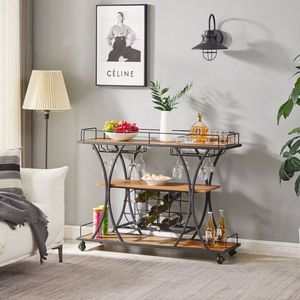 Carrello Bar Marrone con Portabottiglie e Portabicchieri, per Isole e Carrelli da Cucina, Ideale per Servizio in Hotel e Uso Domestico - Product Image 2