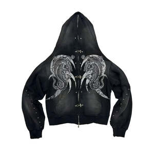 Sweat à capuche oversize zippé intégral style streetwear en molleton 100% coton avec motif imprimé, coupe droite, épaules tombantes, noir - Taille XL - Product Image 1