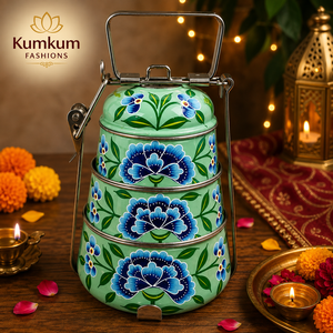 Traditional Indian Hand Painted Multi Color Non Electric Stainless Steel <b>Lunch</b> <b>Box</b> >3 Tiers 0-1L Capacity Office Picnic Personal - Product Image 1