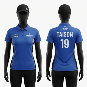 เสื้อโปโลผู้หญิงผ้าโพลีเอสเตอร์เบิร์ดอายเมช พรีเมียม 180 GSM สีน้ำเงินรอยัล แถบข้างสีดำ พร้อมโลโก้แบบซับลิเมชั่นตามสั่ง - Product Image 1
