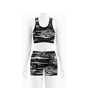 Tenue d'entraînement de danse et de cheerleading pour femmes, ensemble haut court et short de gymnastique à imprimé abstrait noir et blanc, tenue de performance pour la danse - Product Image 1