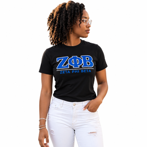 Zeta Phi Beta <b>T</b>-<b>Shirt</b> <b>Women</b> <b>Black</b> Royal Blue Greek Letter Twill Applique Name Bar Crew Neck Short Sleeve Fitted Sorority Tee - Product Image 3