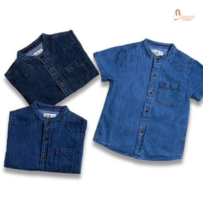 เสื้อเชิ้ตเดนิมเด็กชาย แขนสั้น คอจีน สีพื้นลำลอง มีกระเป๋า กระดุมด้านหน้า ทรงปกติ ผ้าฝ้าย - Product Image 1