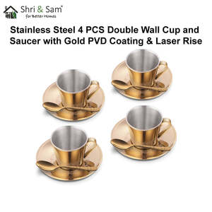 4 PCS Double Wall Stainless Steel Drink <b>Cup</b> <b>and</b> <b>Saucer</b> <b>Set</b> Gold PVD Coating & Laser Rise Design - Product Image 4