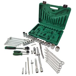 Ensemble d'outils mécaniques de 61 pièces, jeu de douilles à cliquet de 1/2" et 1/4" avec douille hexagonale de 17 mm et clés à cliquet - Product Image 1