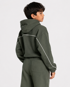 Sweat-shirt à capuche décontracté surdimensionné pour garçon, personnalisé, vert kaki avec lignes contrastées, en polaire premium, modèle OEM - Product Image 2