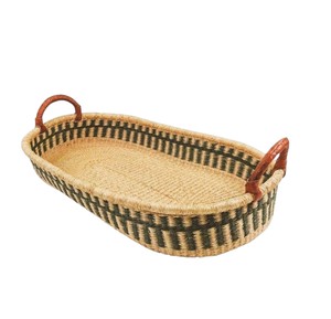 Natural fiber black and white vertical pattern flat seagrass changing <b>basket</b> plus rattan changing kid <b>tray</b> with brown handles - Product Image 1