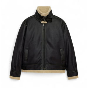 Veste en cuir véritable noire pour homme, col rabattu, doublure en sherpa, fermeture éclair, coupe-vent, vêtements d'hiver, style moto - Product Image 2