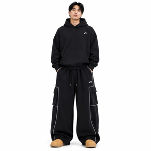 Custom Piping Men's 2PC Black Fleece Tracksuit Set <b>Oversized</b> Hoodie Baggy <b>Cargo</b> <b>Pants</b> High Street 100% Cotton Private Label - Product Image 1