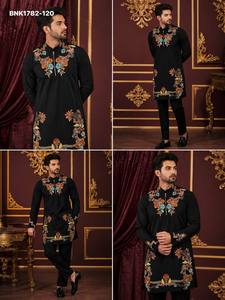 Latest Designer Fancy with Viscose Multi-Thread work & Half-Placket Chain Short Black <b>Kurta</b>-Pant Set Supplier from Surat - Product Image 4