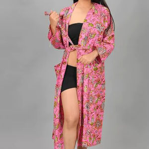 Kimono Elegante de Algodón Puro con Estampado Floral Indio para Primavera/Verano, con Cuello en V y Cordón Ajustable, Cómodo y de Secado Rápido, Ideal para la Playa o el Hogar - Product Image 2