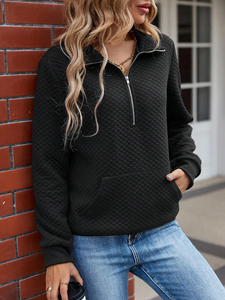 Women's <b>Quilted</b> Half-Zip Stand Collar <b>Sweatshirt</b> Solid Color Long Sleeve Fleece Pullover Autumn Wear - Product Image 6